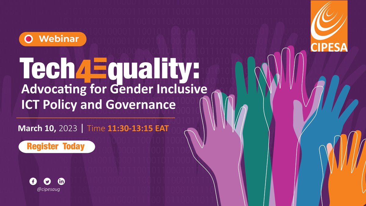 Join the📢📢 #Tech4Equality📢📢 webinar where we will be discussing advocacy, gender inclusion, tech policy and governance! When: Friday, 10 March 2023 Time: 11:30 (EAT) Where: Zoom How: bit.ly/41RYVOP (REGISTER TODAY!!) #InternetFreedomAfrica #IWD2023