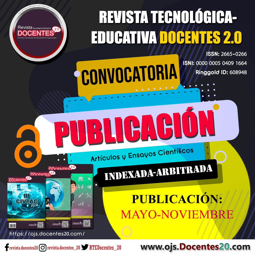 𝐂𝐎𝐍𝐕𝐎𝐂𝐀𝐓𝐎𝐑𝐈𝐀 PARA PUBLICAR EN LAS PRÓXIMAS EDICIONES DE NUESTRA REVISTA TECNOLÓGICA-EDUCATIVA DOCENTES 2.0.
𝐏𝐮𝐛𝐥𝐢𝐜𝐚𝐜𝐢𝐨́𝐧: 𝐌𝐚𝐲𝐨 𝐲 𝐍𝐨𝐯𝐢𝐞𝐦𝐛𝐫𝐞.
-
✅𝑬𝒏𝒍𝒂𝒄𝒆 𝒅𝒆 𝑰𝒏𝒕𝒆𝒓𝒆́𝒔:  bit.ly/3DOMLfH

-
#revistacientifica  #journal