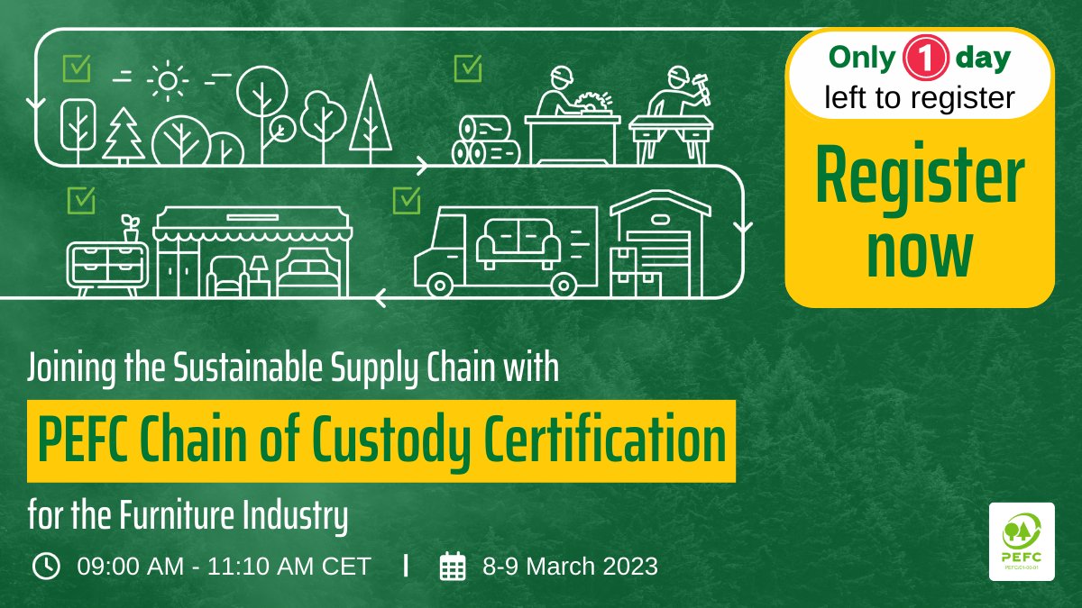 PEFC's tweet photo. 1 DAY LEFT TO REGISTER! If you design, make, sell or trade furniture and want to meet the booming demand for #SustainableFurniture and reach new markets, join us tomorrow for our chain of custody certification webinar: https://t.co/DKfOViDtOT

#ForestsAreHome https://t.co/pQer8IOYBh