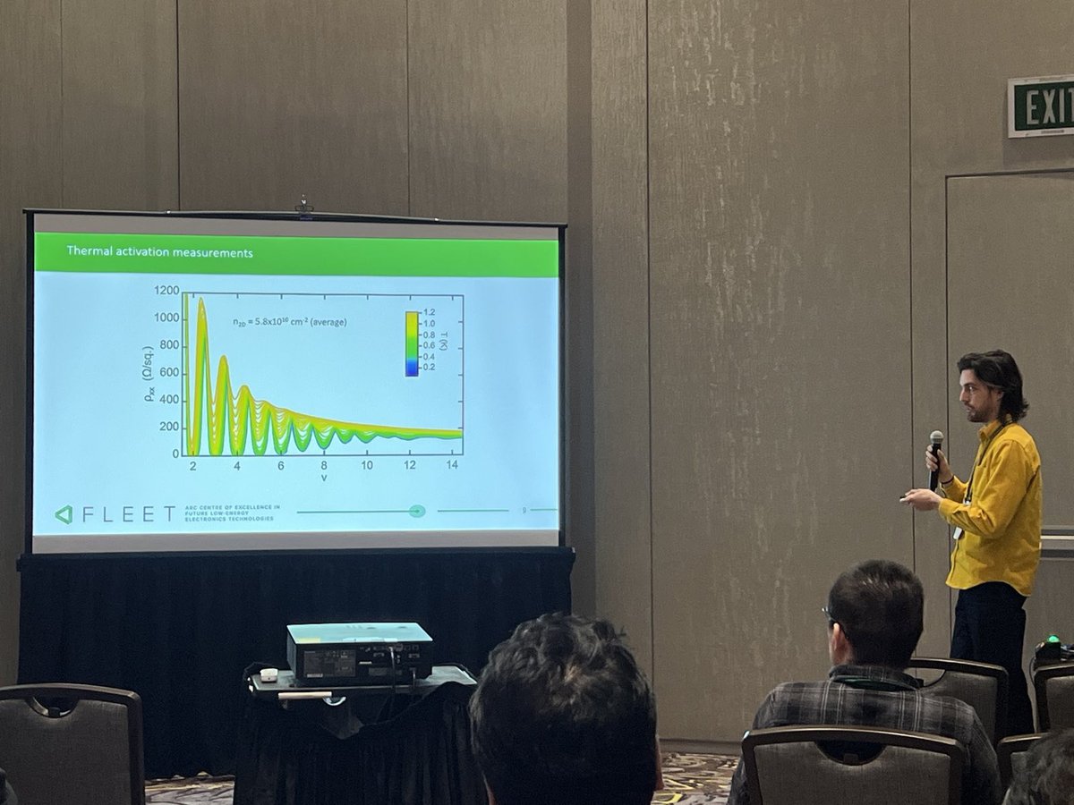 QEDUNSW's tweet photo. Matt Rendell giving a talk on holes in germanium at the first of 6 talks by QED group members on the opening day of the 2023 March meeting of the American Physical Society in Las Vegas #FLEETcentre #APSMarch #APS2023 #AmericanPhysicalSociety 
https://t.co/xObzmcLfR6 https://t.co/QET7Py1yNG