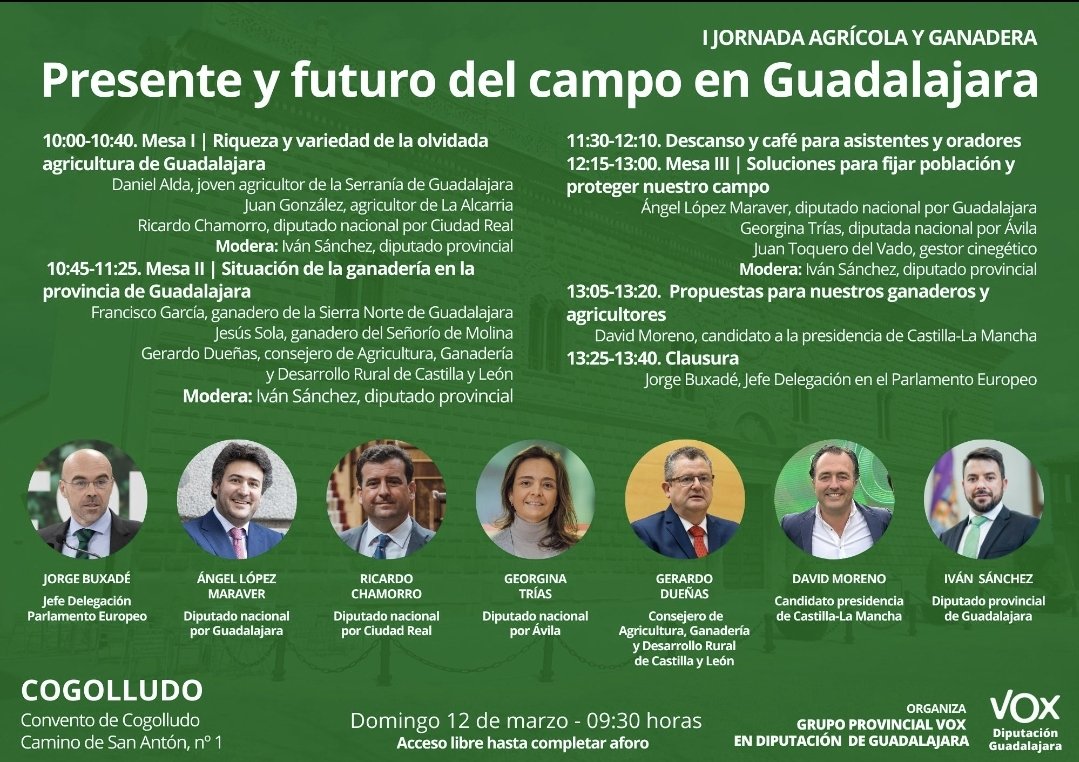 Este domingo 12 de marzo, en Cogolludo, se hablará claro de nuestra ganadería, nuestra agricultura y nuestra caza.

¡No puedes perdértelo! 💪

#VOXConElCampo 💚
#LoNuestroPrimero 🇪🇸