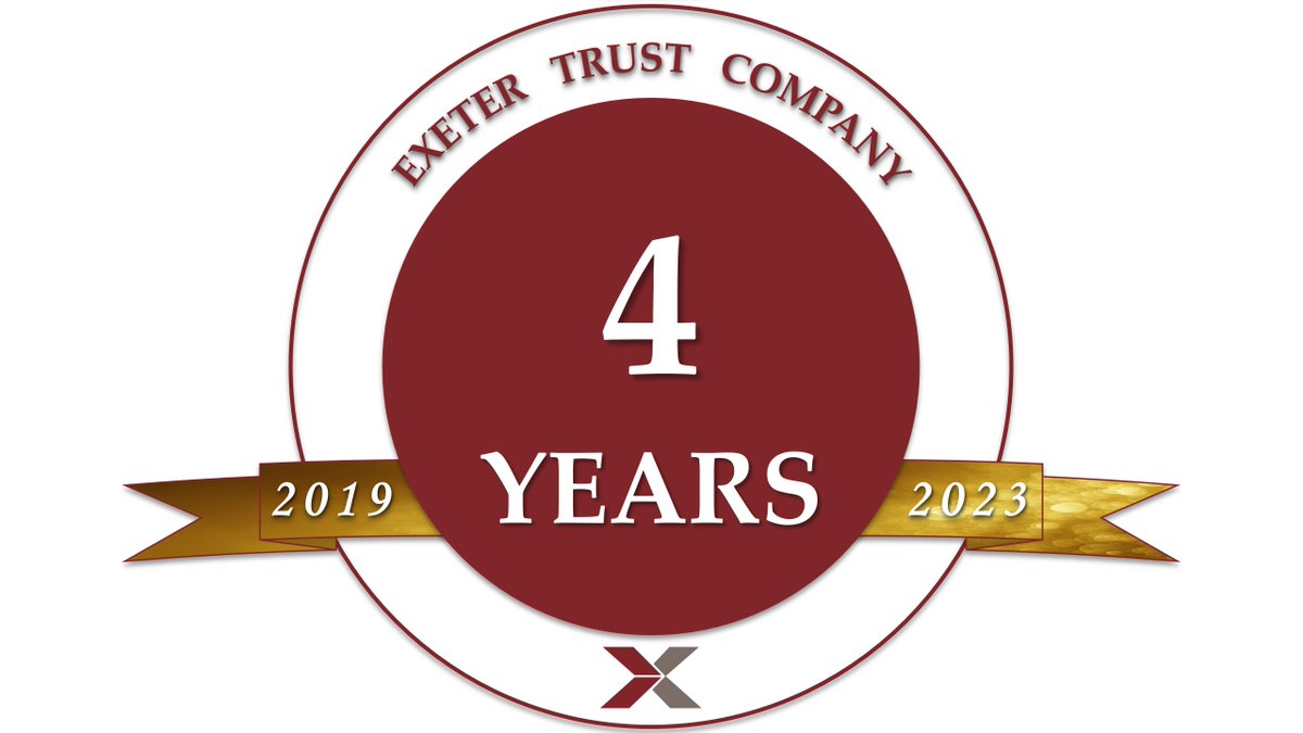 ExeterTrust's tweet photo. Celebrate with Exeter Trust Company on its 4-year anniversary. 

Exeter Trust Company was officially added to The Exeter Group of Companies on March 19, 2019. Exeter Trust Company is licensed, regulated, and audited by the Wyoming Division of Banking. 

#ExeterGroup #ExeterTrust https://t.co/mhg6PIhj1G