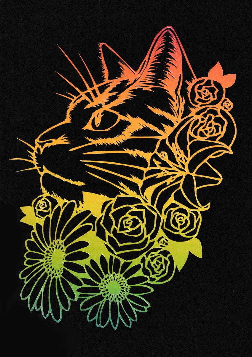 ATkirie's tweet photo. 猫と花束ver.Rainbow

以前より作っていた猫と花束シリーズの新色出来ました。
某24時間チャリティー番組みたいと言われました

売上は全て保護猫たちの為に充てるのであながち間違ってはいない👍
今後Minneで販売ページ作ります！
 #ねこといっしょ #NYAWREKA  #切り絵 #保護猫 https://t.co/LT9anWQjZ3