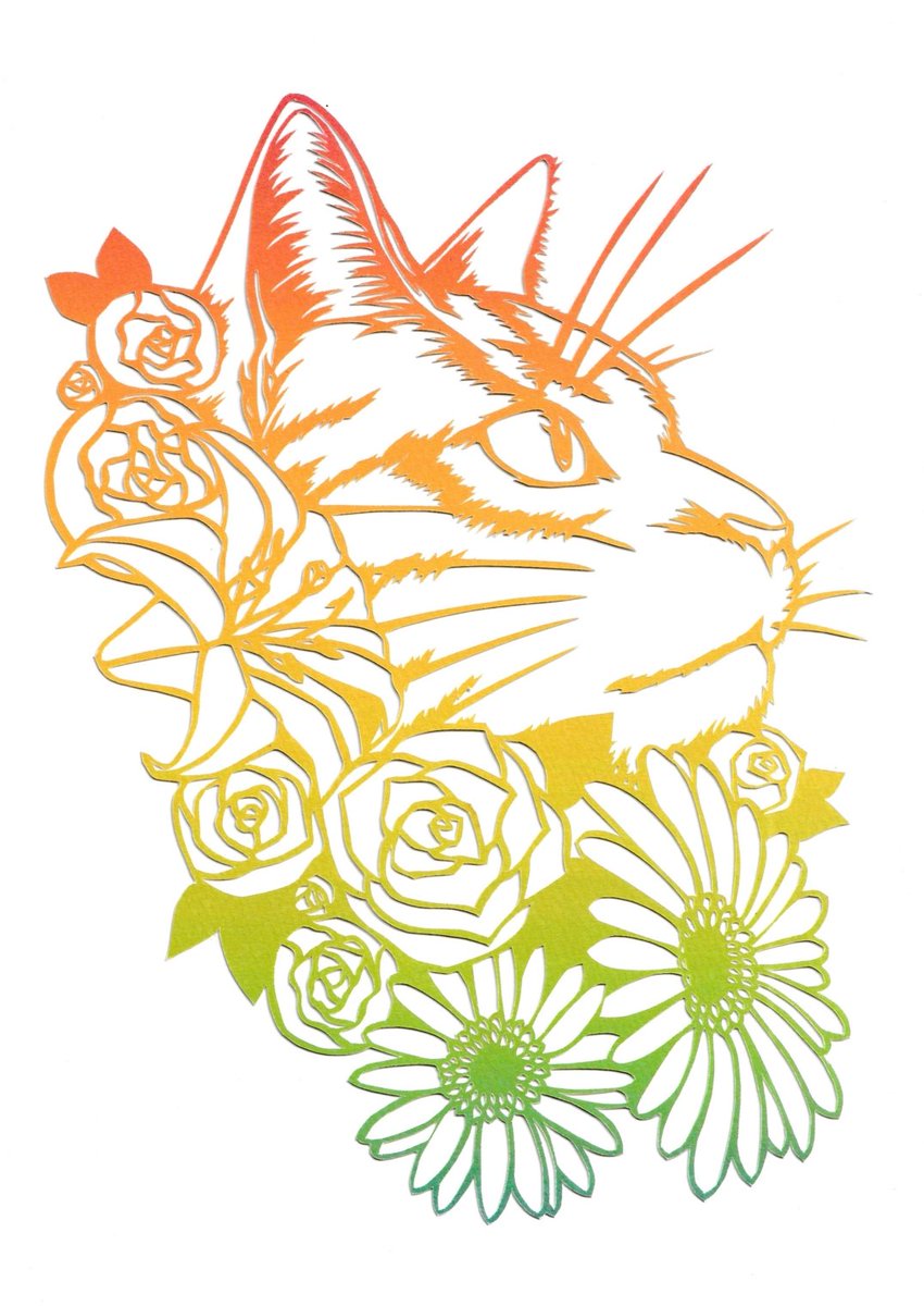 ATkirie's tweet photo. 猫と花束ver.Rainbow

以前より作っていた猫と花束シリーズの新色出来ました。
某24時間チャリティー番組みたいと言われました

売上は全て保護猫たちの為に充てるのであながち間違ってはいない👍
今後Minneで販売ページ作ります！
 #ねこといっしょ #NYAWREKA  #切り絵 #保護猫 https://t.co/LT9anWQjZ3