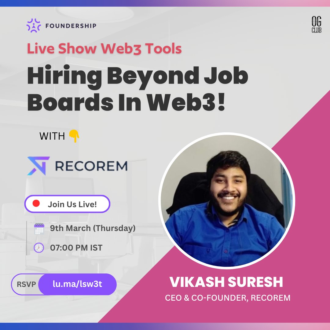 FoundershipHQ's tweet photo. Why limit web3 talent search to job boards when you can join live with @itsVisky &amp; learn - how to hire or get hired like a boss!

Come explore the decentralized talent recruitment world with @OfficialRecorem in this week's #LSWT!

9th Mar | 7 PM IST

RSVP: https://t.co/esl0XHHftG https://t.co/uMvM42RIfC