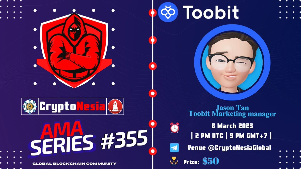 🔥 CryptoNesia will hold an AMA with Toobit on 8 March 2023 at 2 PM UTC | 9 PM GMT+7.

Prize:  $50

👉t.me/CryptoNesiaCha…👈

Rules:

1. Follow <a href="/Toobit_official/">Toobit</a> &amp; <a href="/CryptoNesiaReal/">CryptoNesia - Berita Crypto Terbaru</a> 
2. Like, Retweet, &amp; Send Your Question! Max 5 Questions!