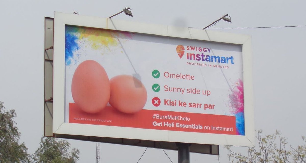 Hey <a href="/Swiggy/">Swiggy</a>,  giving Gyan on Holi &amp; trying to set a wrong perception by installing controversial billboards and posting reel, is not cool in any terms. 

Apologize to Hindus &amp; remove them. #HinduPhobicSwiggy