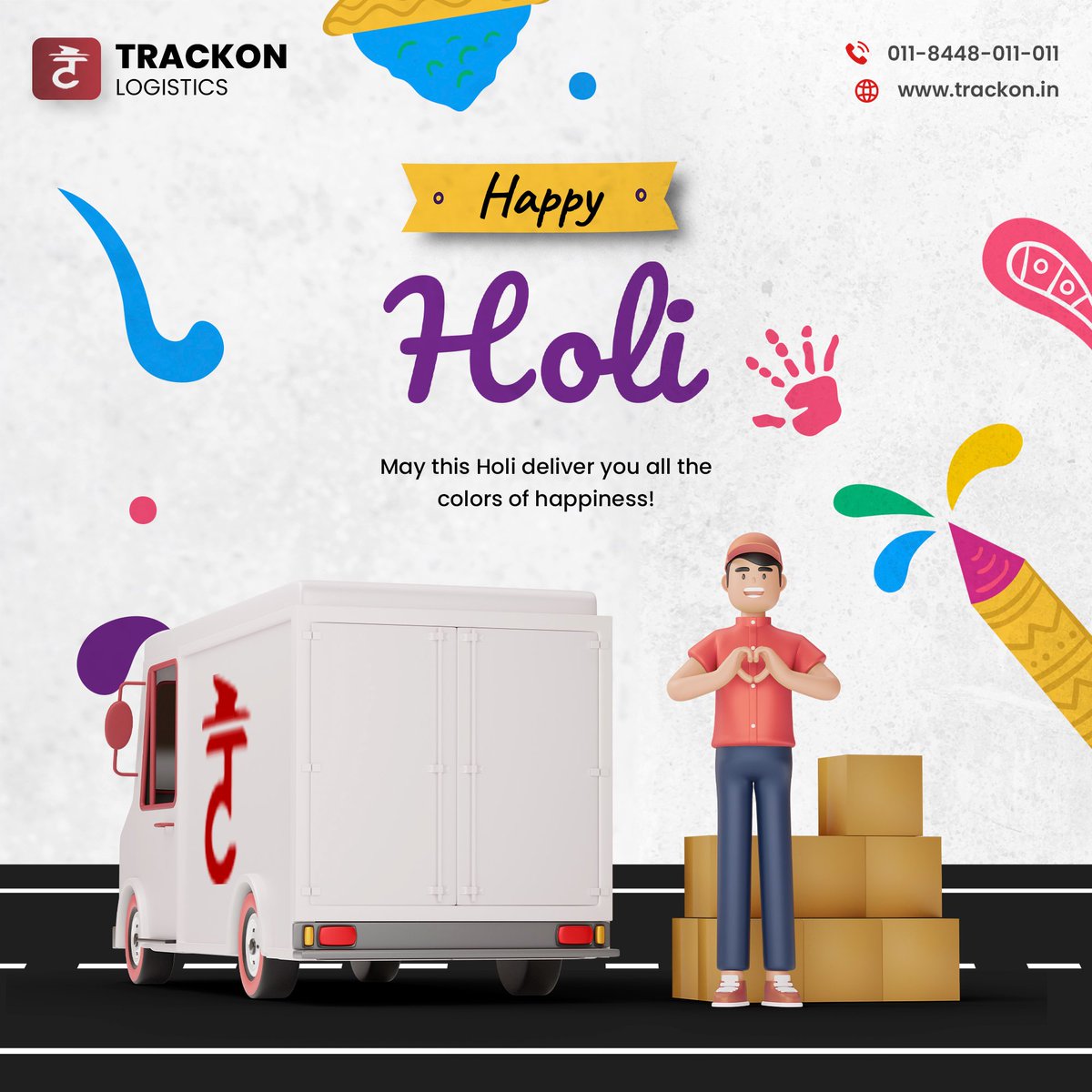 Wishing you a Holi full of excitement and thrill. Let's #deliver the colours of love and happiness together. May the vibrancy of Holi fill your heart with joy and your home with peace. 

#HappyHoli from #Trackon!
#Holi #happiness #deliveringhappiness #deliveringexcellence