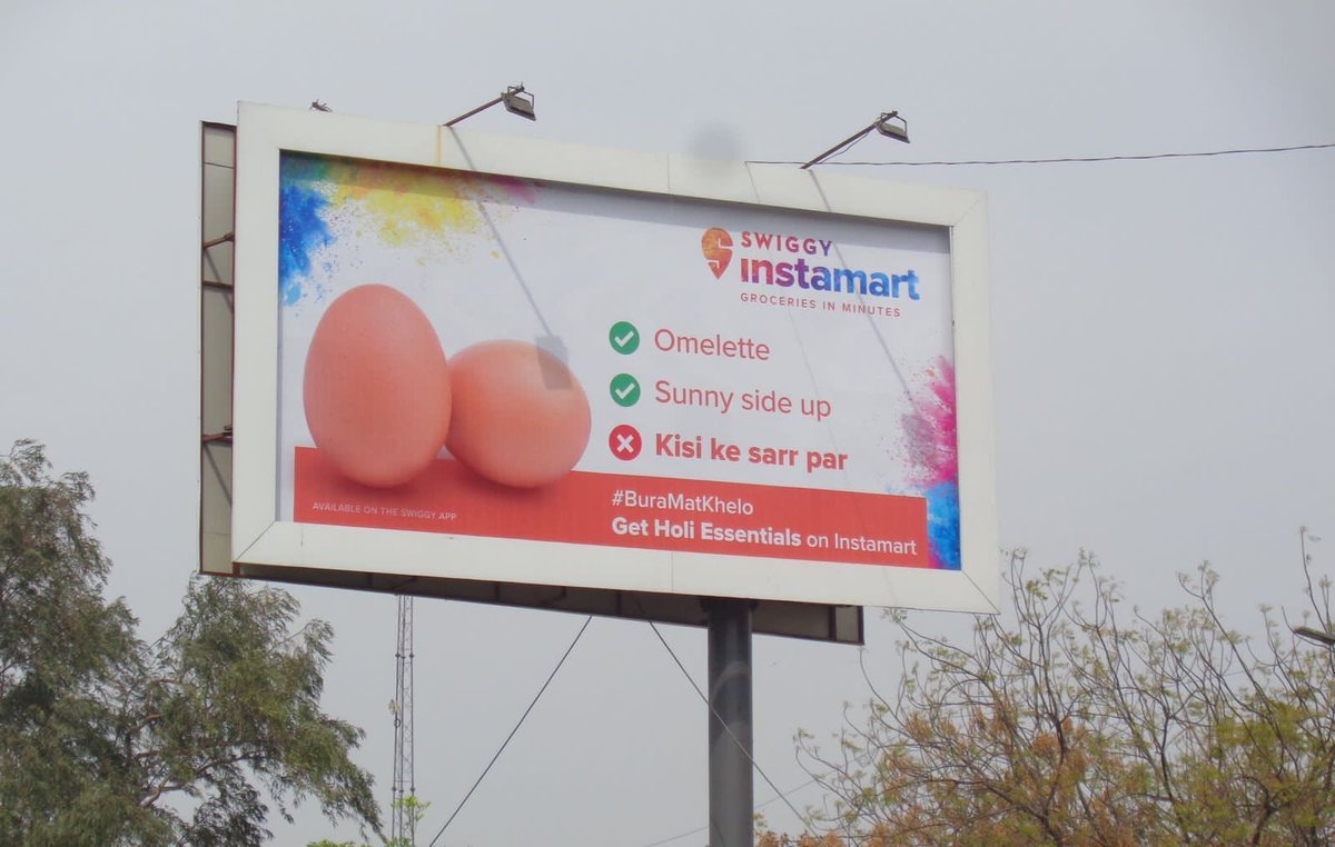 Bhoi1101's tweet photo. Holi is a beautiful festival that deserves to be celebrated, not denigrated. @Swiggy must remove the offensive Reel, Billboard Ad and issue a sincere apology to millions of Hindus celebrating Holi. #HinduPhobicSwiggy
@harshamjty 
@Swiggy 
@SwiggyInstamart https://t.co/YhouZI98Du