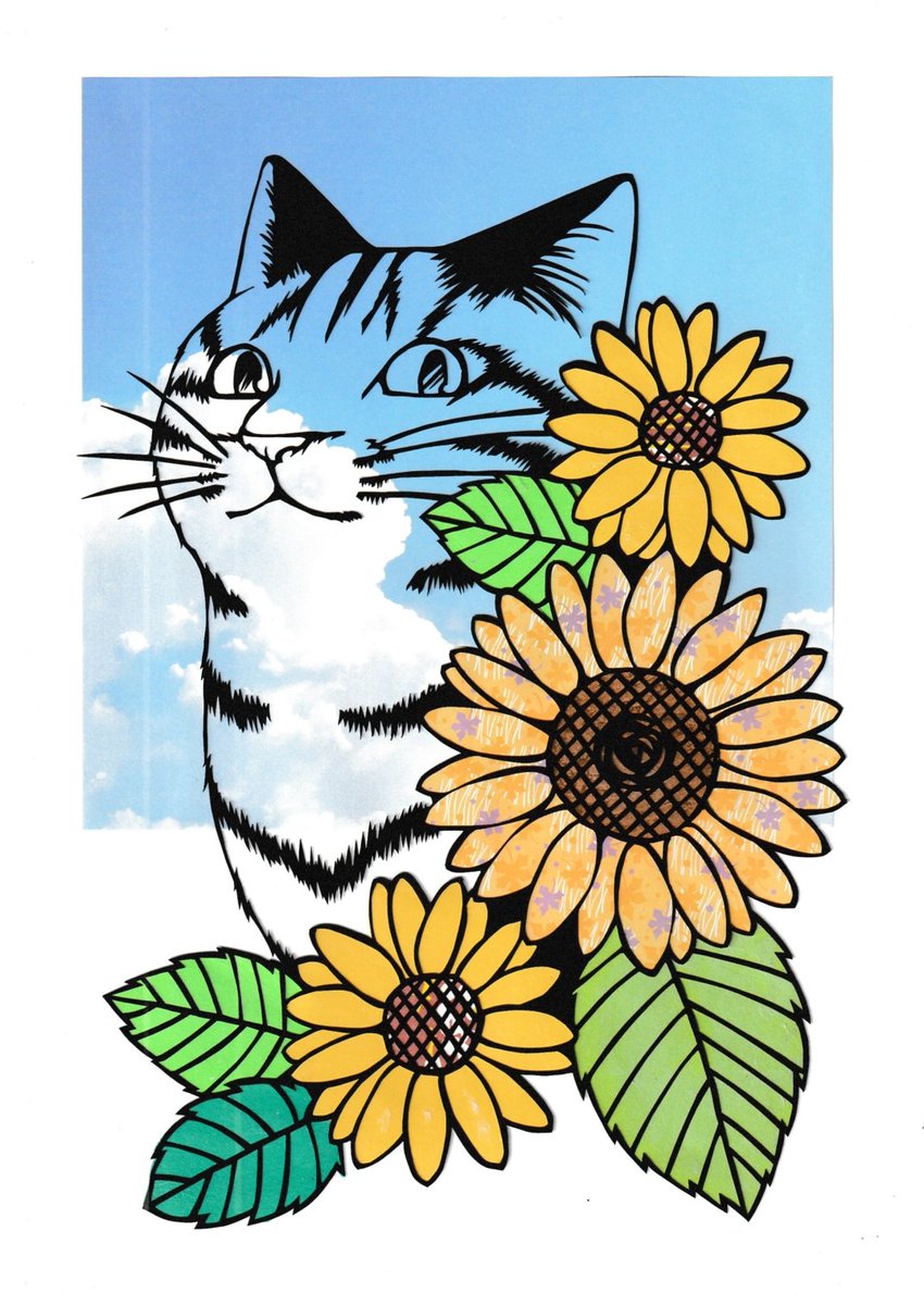 ATkirie's tweet photo. 向日葵

以前作ったのと若干色や背景デザインが違います
下絵を作ったのが夏だったので夏満喫しまくってるデザインでした
今は極寒の冬ですけどネ……

 #ねこといっしょ #NYAWREKA  #切り絵 #保護猫 https://t.co/ONbwn8paYs