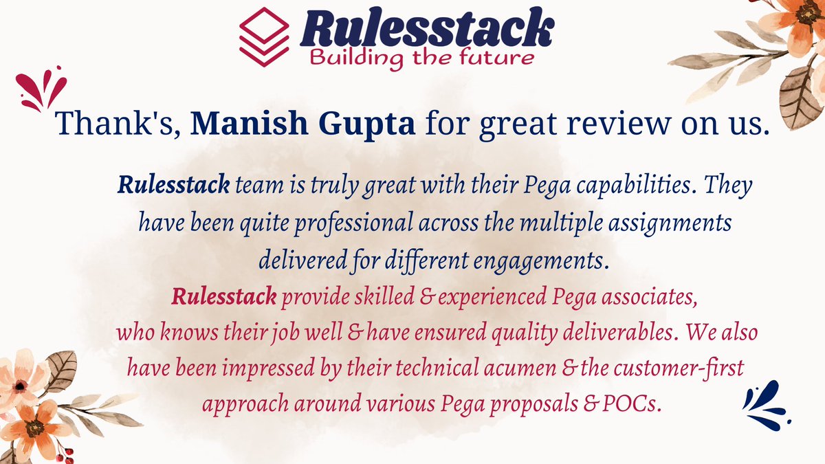 rulesstack's tweet photo. Hello All,

What a great way to start the week!!, with a great appreciation from Client Partner!! we humbly thank Manish for a nice appreciation for our team #Rulesstack #delivery #pega #project #poc #upgrade #digitaltransformation #pegaupgrade . https://t.co/5NDFwQRCRs