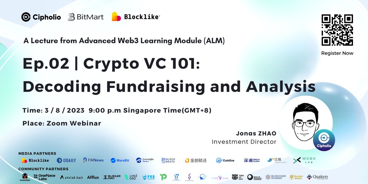 Cipholio Ventures (@cipholio) on Twitter photo 🚨 Don't miss out on 𝗖𝗿𝘆𝗽𝘁𝗼 𝗩𝗖 101, the second lesson of our ALM series!
Join <a href="/0x_Jonas/">Jonas Zhao</a> as we decode #fundraising and #analysis in the crypto space.
Register now for essential knowledge for web3 entrepreneurs: lu.ma/frz7u7a5
#Ann #web3 #crypto #VC 🚨 Don't miss out on 𝗖𝗿𝘆𝗽𝘁𝗼 𝗩𝗖 101, the second lesson of our ALM series!
Join <a href="/0x_Jonas/">Jonas Zhao</a> as we decode #fundraising and #analysis in the crypto space.
Register now for essential knowledge for web3 entrepreneurs: lu.ma/frz7u7a5
#Ann #web3 #crypto #VC