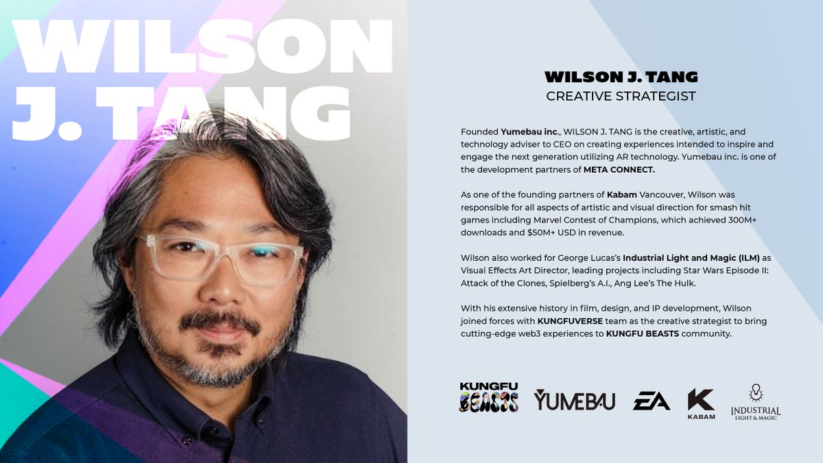 MEET CREATIVE STRATEGIST <a href="/wilsonjtang/">Wilson J Tang 👾</a> 

With 20+ years of experience across multiple fields, Wilson works at the highest design and digital media level. 

➠ Ex <a href="/kabam/">Kabam</a> Vancouver co-founder
➠ Worked with IPs <a href="/Marvel/">Marvel Entertainment</a>, <a href="/transformers/">Transformers</a>, <a href="/starwars/">Star Wars</a> 
➠ Ex Art director <a href="/ILMVFX/">Industrial Light & Magic</a> &amp; <a href="/EA/">Electronic Arts</a>