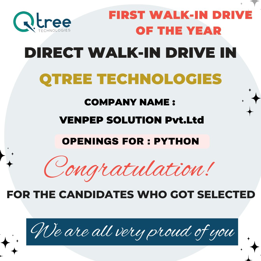 Qtreetech's tweet photo. First Walk-In Drive of the Year.
Direct Walk-In Drive In Qtree Technologies 
Company Name: Venpep Solution 
Congratulations to the selected candidates.
Call us today to know more.
Contact: +91-8489900331/+91-8489900332 / Mail:info@qtreetechnologies.com
#qtreetechnologies #qtree https://t.co/qvFKpst2nv