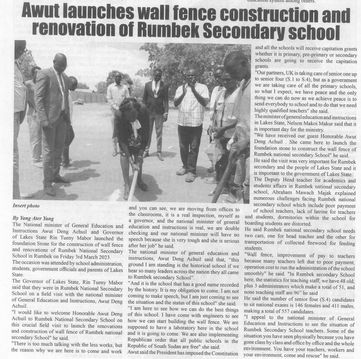 Hon. Awut Deng Acuil Minister of MoGEI, participated in the launch of the wall construction in Rumbek. No more talking just taking actions, making environment conducive for our children to have good education.
#goodeducation #wallconstruction #SouthSudan