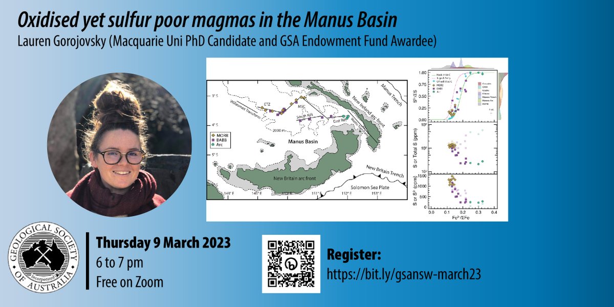 Come along to our GSA NSW talk this Thursday 6 pm (Sydney time) to hear about 'Oxidised yet sulfur poor magmas in the Manus Basin' from PhD candidate Lauren Gorojovsky <a href="/LaurenGsky/">Lauren Gorojovsky</a>. Register: uni-sydney.zoom.us/meeting/regist… Not getting emails? Join the GSA! gsa.org.au/Public/Public/… <a href="/gsansw/">GSANSW</a>