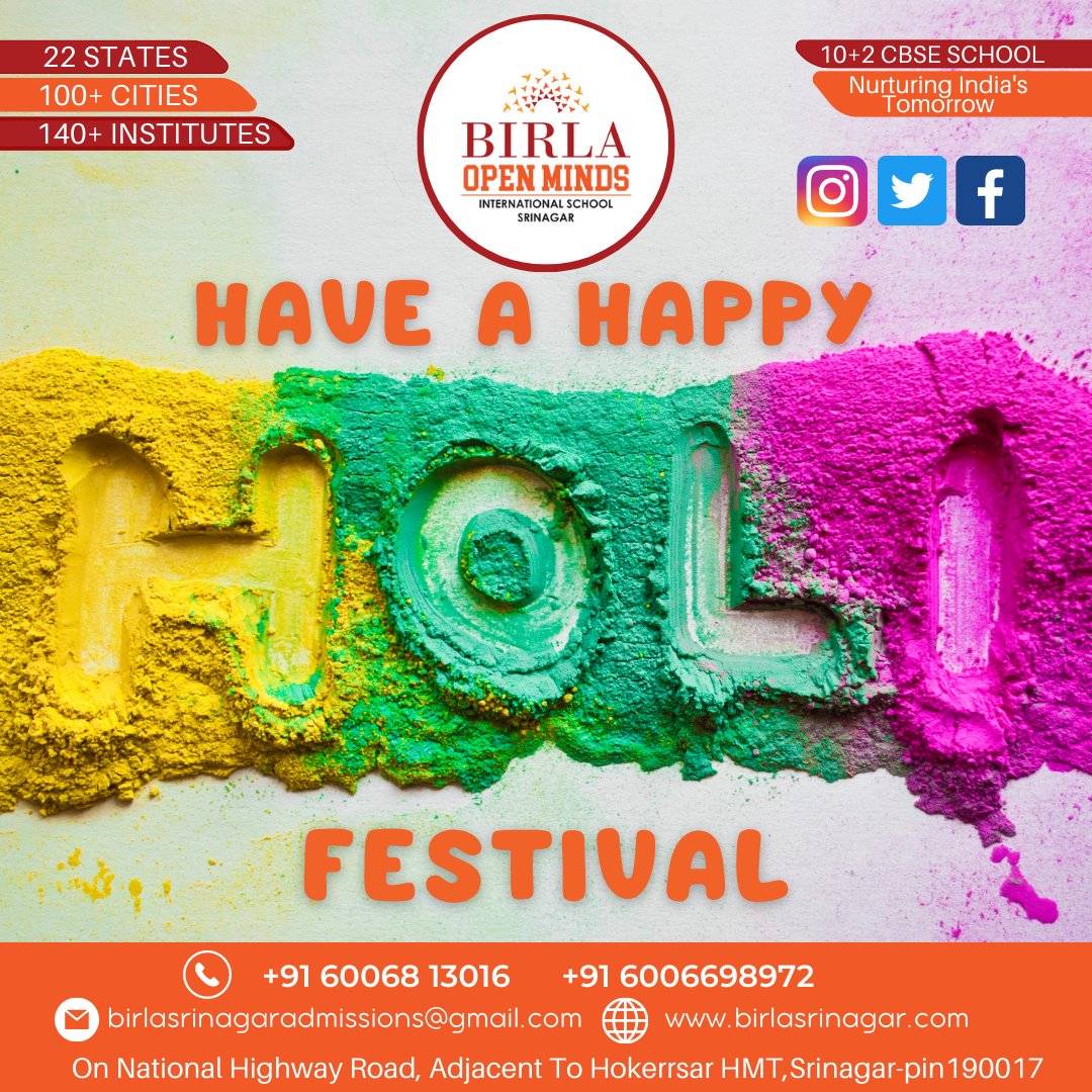 BirlaSrinagar's tweet image. Holi is a Hindu spring festival celebrated in India and Nepal"festival of colours"or"festival of love", celebrated with great enthusiasm,regardless of caste, creed, or religion. 
#Holi #HoliFestival #Holi2020 #HoliCelebration #HoliVibes #HappyHoli #ColorsOfHoli #FestivalOfColors
