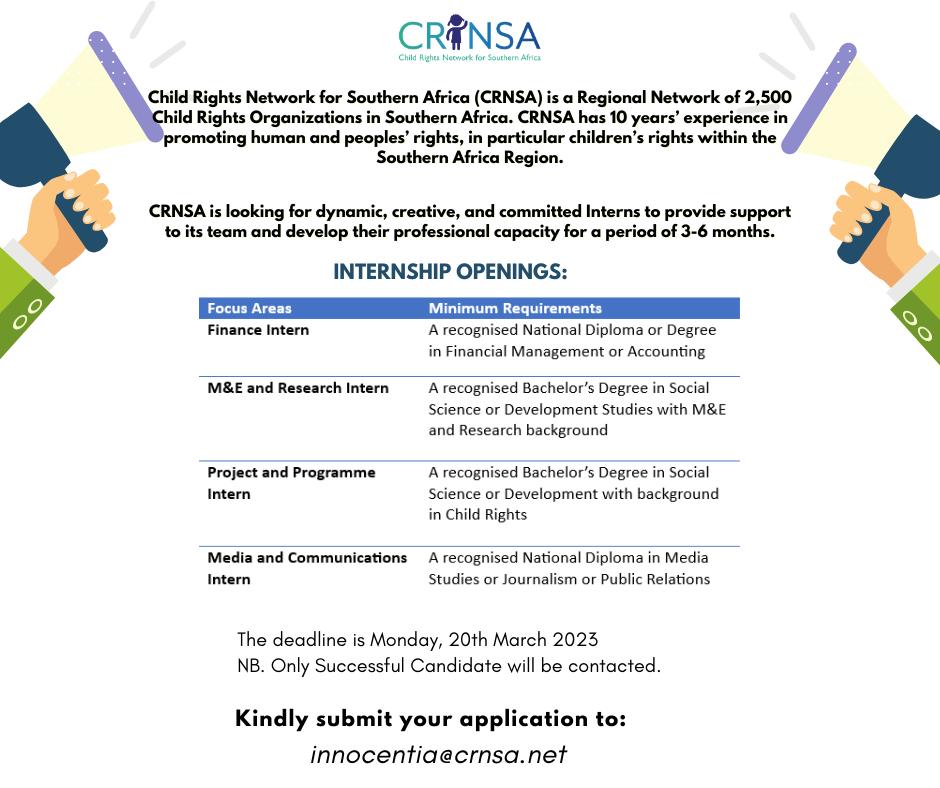 SA_CRN's tweet photo. CRNSA is looking for dynamic, creative, and committed Interns to provide support to its team and develop their professional capacity for a period of 3-6 months.
 
#crnsa
#hiring
#internship https://t.co/MnQstH3VpI