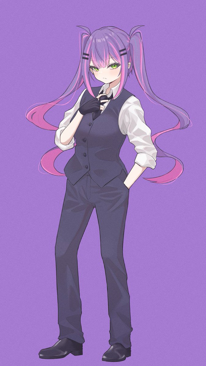 tokoyami towa 1girl solo twintails necktie purple hair purple background long hair  illustration images