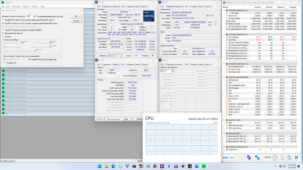 skatterbencher's tweet photo. Xeon w7-2495X OC (24C 4.4G 1.15V) with EK custom loop

P95 Small FFTs no AVX: 480W 77C
P95 Small FFTs AVX: 615W 94C (TjMax)
P95 Small FFTs AVX2: 650W 94C (TjMax)
P95 Small FFTs AVX-512: 575W 89C https://t.co/gRKYXQb78l