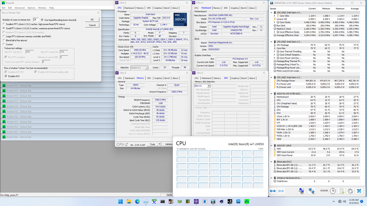skatterbencher's tweet photo. Xeon w7-2495X OC (24C 4.4G 1.15V) with EK custom loop

P95 Small FFTs no AVX: 480W 77C
P95 Small FFTs AVX: 615W 94C (TjMax)
P95 Small FFTs AVX2: 650W 94C (TjMax)
P95 Small FFTs AVX-512: 575W 89C https://t.co/gRKYXQb78l