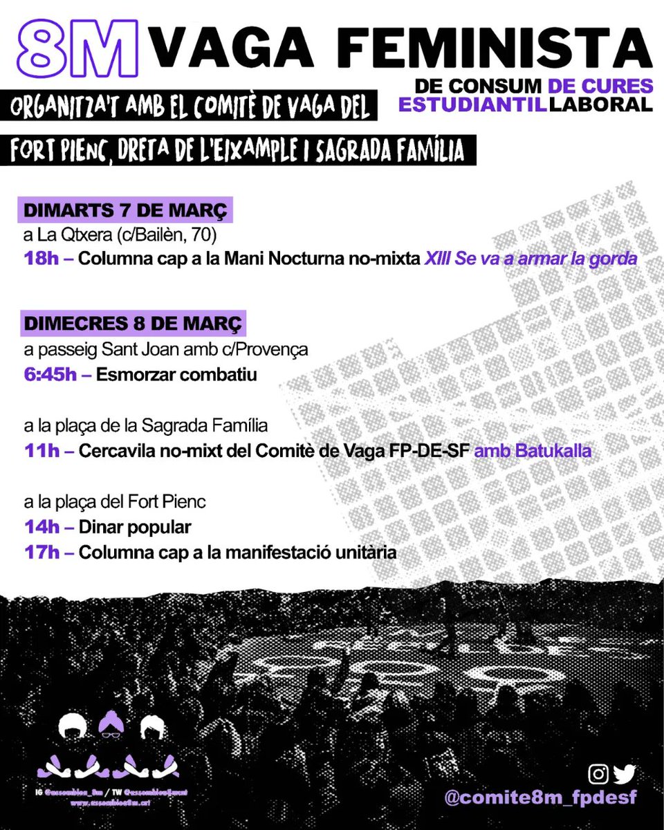 💜VAGA GENERAL FEMINISTA💜

👉 DIMARTS 7 anem juntes a la mani nocturna des de La Qtxera del @cjovesladreixa 

👉 DIMECRES 8 esmorzar combatiu, cercavila no-mixt amb @batukalla i dinar popular🥘

A la tarda anem juntes a la mani unitària des de la plaça del Fort Pienc!
✊🔥