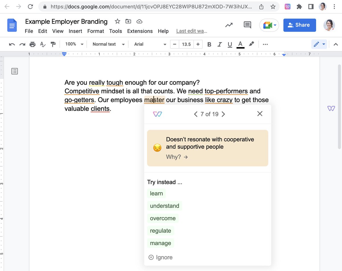NadiaZuerich's tweet image. To all employer branding specialists in our community: Witty works on Google docs!🚀 Write your employer brand creatives with Inclusive Language to be more attractive to talents. It's fully integrated in your workflow. #GoogleDocs #GoogleSuite #InclusiveLanguage