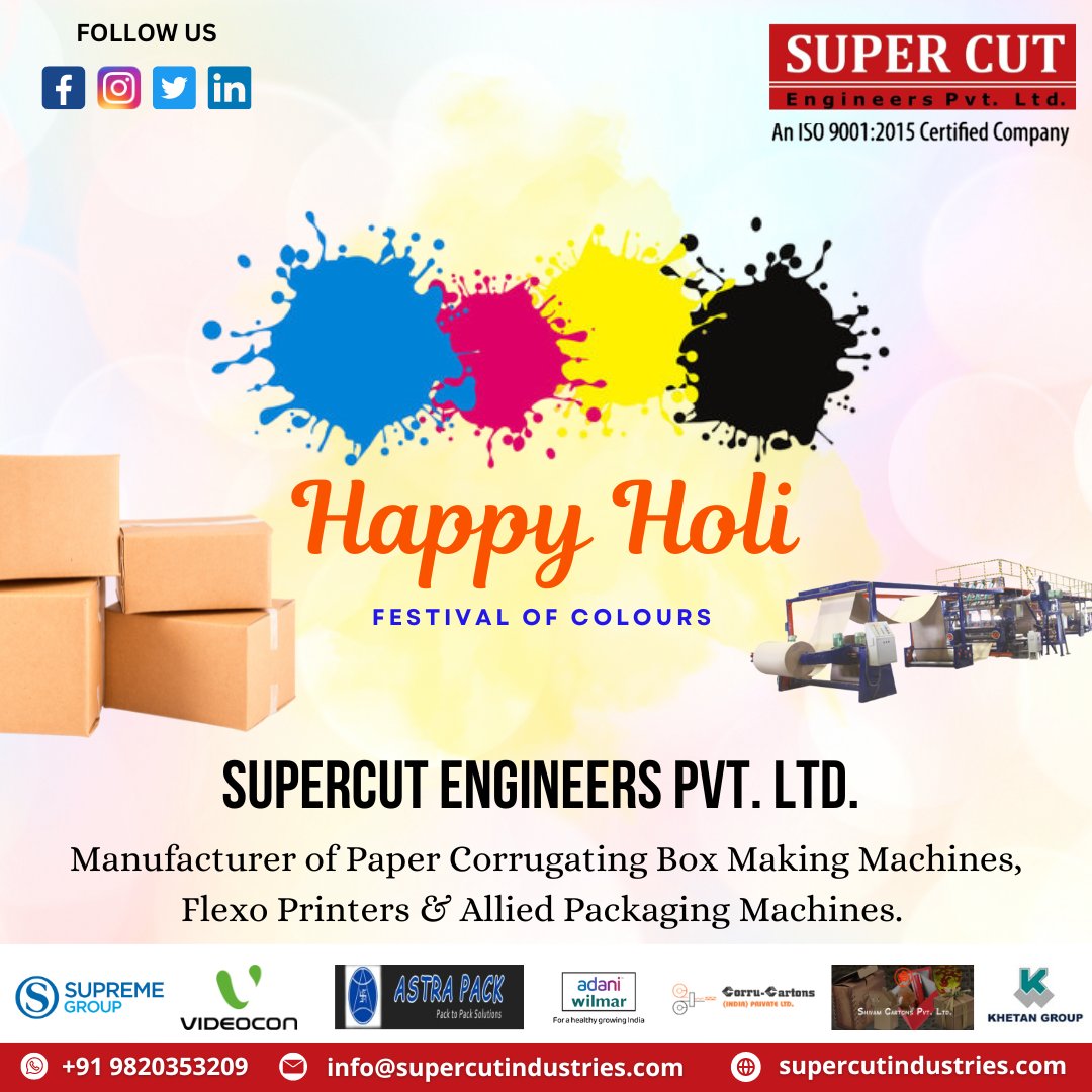 𝗛𝗮𝗽𝗽𝘆 𝗛𝗼𝗹𝗶...❤🌈

We are manufacturer of corrugating box making machines, Flexo printers & Allied Packaging Machines. 

𝗖𝗼𝗻𝘁𝗮𝗰𝘁  𝗨𝘀 :-

𝗠𝗼𝗯 :- +91 9820353209
𝗘𝗺𝗮𝗶𝗹 :- supercutindustries@gmail.com

#holi #holifestival
#flexo #printing #flexoprinting