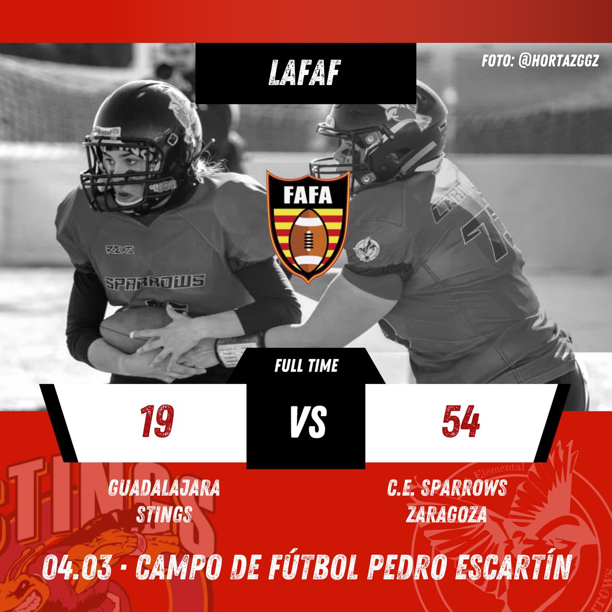 Resultado del pasado partido de nuestro equipo de Tackle Femenino contra @StingsFootball 
¡Ha sido un placer jugar contra las chicas de Stings, esperamos el partido de vuelta!