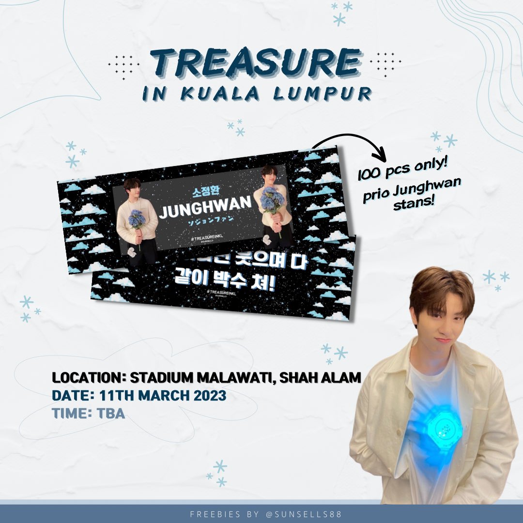 sunsells88's tweet photo. 📢 Freebies for #TREASUREinKL 

Hello Teumes! I will distribute free Junghwan handbanners at the venue! 

How to claim? 
🐻‍❄️ Retweet &amp; like this tweet! 
🐻‍❄️ FCFS basis~ 
🐻‍❄️ Open trade to 5 slots only! 

More info will be updated on this thread ⬇️

See you there!🤍 #TREASURE https://t.co/yWuGbkHe4c