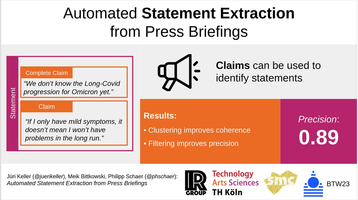 juerikeller's tweet photo. 1/4 I am happy to share that my former bachelor thesis "Automated Statement Extraction from Press Briefings" was accepted to the student program of the @BTW23Dresden

DOI: https://t.co/LDIOFIsuoW
BTW: https://t.co/ElruHMLZNA

#claim_detection @phschaer @th_koeln @smc_germany_lab https://t.co/UJamlvjA3N