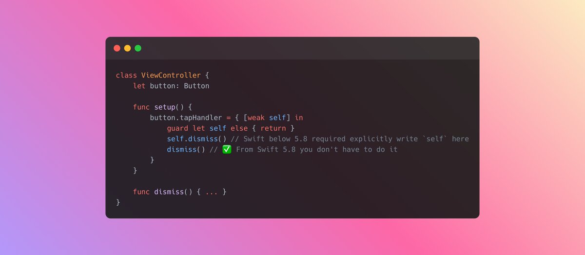 aarabianprincee's tweet photo. 👀For those who haven't seen yet

New Swift 5.8 permits implicit appeal to `self` when using `weak self` construction inside the closure as long as `self` has been unwrapped. https://t.co/rgLrdspvXF