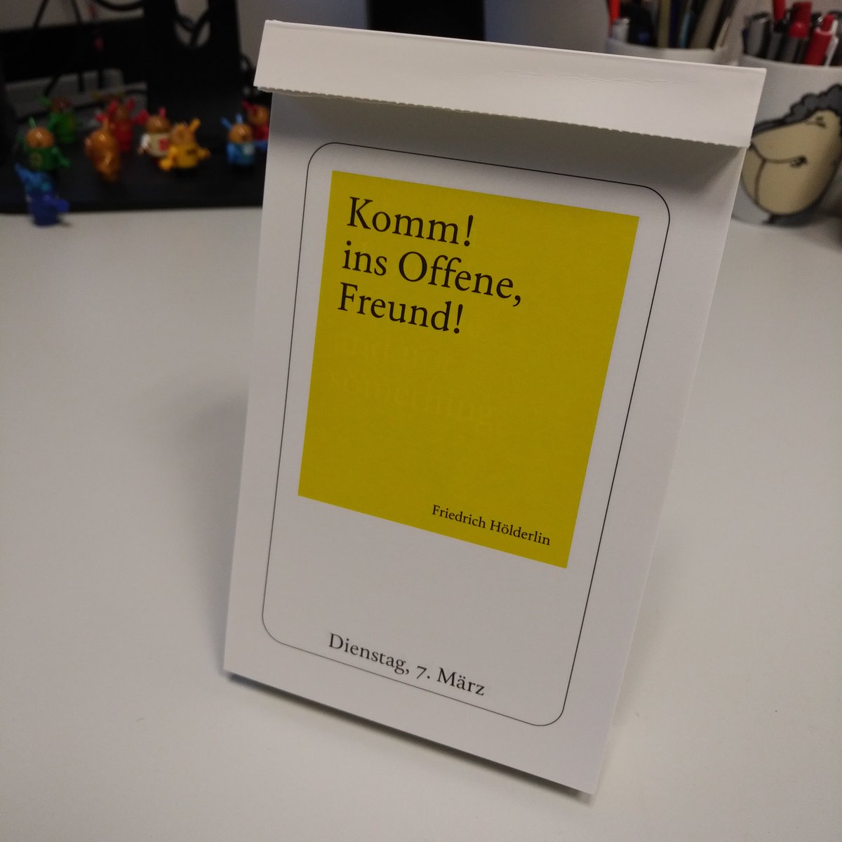 v_i_o_l_a's tweet photo. "Komm! ins Offene, Freund!" – Friedrich Hölderlin, ein früher #OpenAccess-Aktivist? 🤔💛🙃 [#Bürokalender aus dem @diogenesverlag] https://t.co/hh6FQznugl