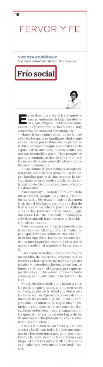 "Queremos poner calor humano en las aulas para que no se congele ninguna infancia" Vicenta Rodríguez.
Os dejamos el artículo  publicado por nuestra secretaria autonómica <a href="/escacv/">EscuelasCatolicasCV</a> en <a href="/lasprovincias/">LAS PROVINCIAS</a>