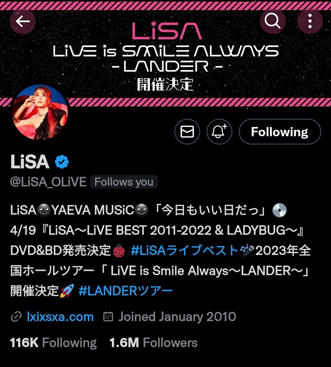 WOAAAHHHH!!!😱😱😱😱😱
I just realized that me and my idol follow each otherrrrr 😭😭😭😭
<a href="/LiSA_OLiVE/">LiSA</a>