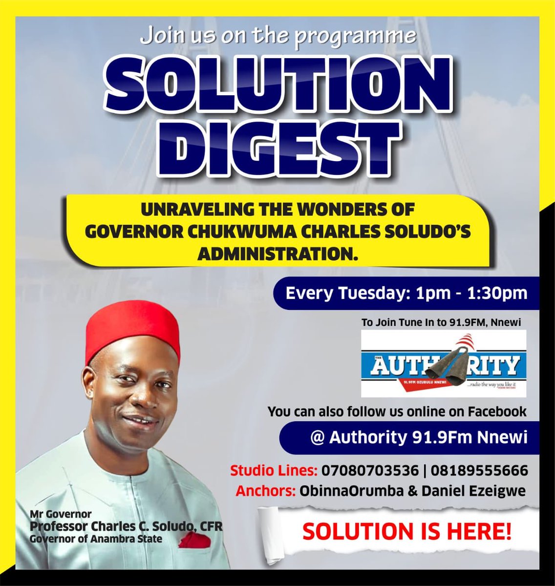 AwkaGram's tweet image. Ndi Anambra tune in today and every Tuesday , to get intimated with the Wonders Of Governor Chukwuma Charles Soludo’s Administration @authorityfmng 

#NkeaBuNkeAnyi #Apga #SoludoSolution #SolutionisHere #AwkaGram