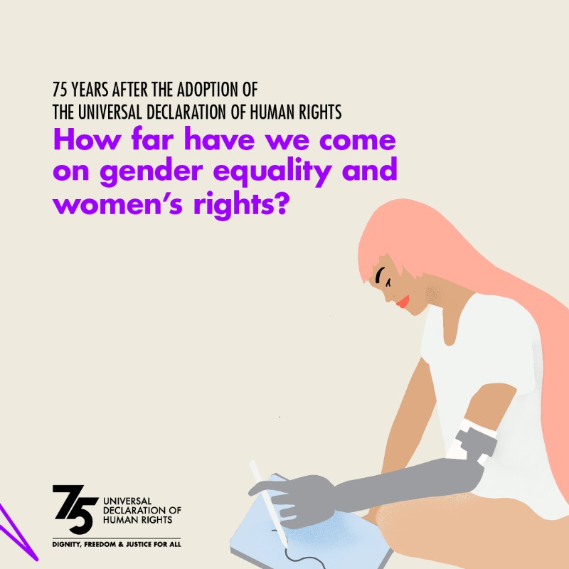 UNHumanRights's tweet photo. 75 years after the adoption of the #UDHR, this is what we need to realize👇 

It is time to end violence against women and girls. 
It is time to achieve gender equality. 
It is time to acknowledge that women’s rights are human rights. 

#InternationalWomensDay
#IWD2023