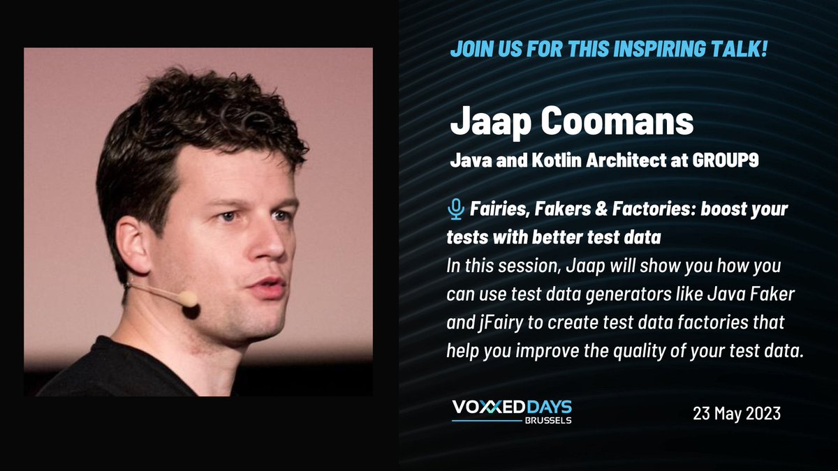 VoxxedBrussels's tweet image. New day, new speaker announcement! Happy to welcome @JaapCoomans to our stage. Join his session if you want to find out how you can boost your tests with better test data 😉 more details: brussels.voxxeddays.com/speaker-detail… 

#VoxxedDaysBrussels #JavaFaker #jfairy #data