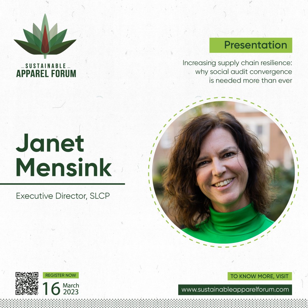 We are delighted to welcome <a href="/JanetMensink/">Janet Mensink</a>, Executive Director, Social &amp; Labor Convergence Program (SLCP), as our esteemed presenter on the topic, ‘Increasing #SupplyChainResilience: Why #Social Audit #Convergence is needed More than Ever’ at SAF2023. <a href="/slconvergence/">Social & Labor Convergence Program (SLCP)</a>