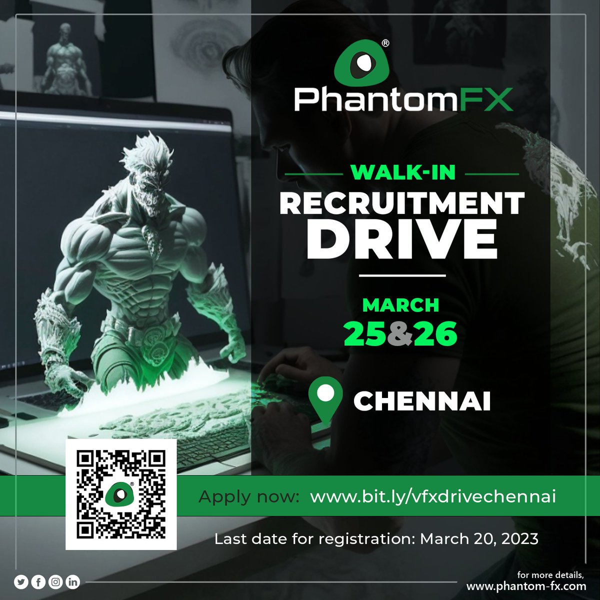 Hello Creative Chennaites! 
#PhantomFX is hosting a recruitment drive at #Chennai on March 25 & 26, 2023.

Apply now !
bit.ly/vfxdrivechennai

Last date for Registration: March 20, 2023

#VFX #RecruitmentDrive #ChennaiJobs #JoinOurTeam #UnleasingtheMagic #VFXArtist #Compositors