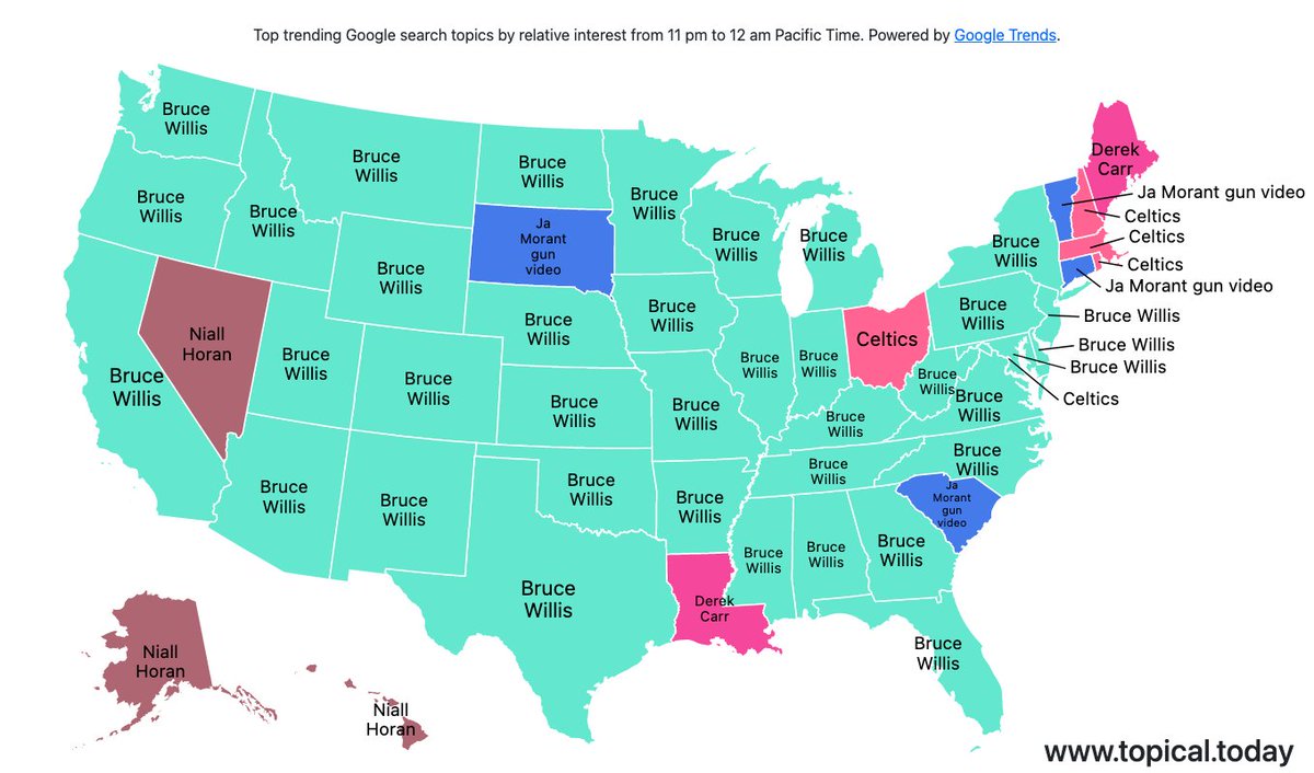 TopicalMaps's tweet image. Top Google Trends in the United States by relative interest in each state over the last hour. 

#NiallHoran #Celtics #DerekCarr #BruceWillis #JaMorantgunvideo 

Live map at topical.today/countries/us