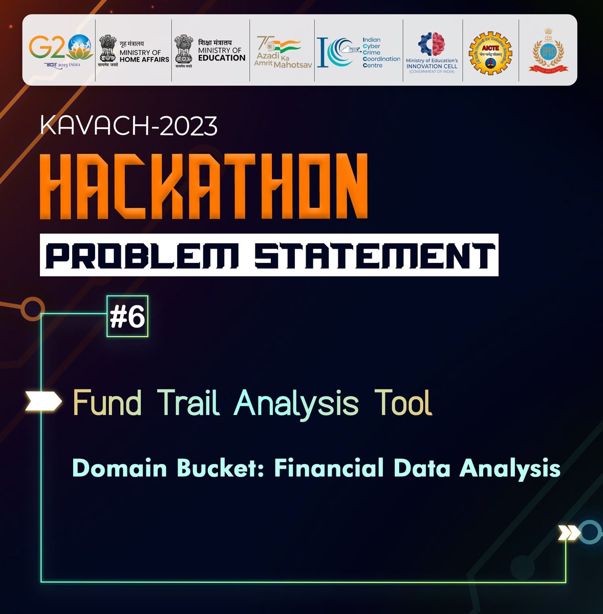 Cyberdost's tweet image. #Kavach2023 | The 6th #ProblemStatement gives a goal to develop a Fund Trail Analysis Tool. Register now: kavach.mic.gov.in
#Hackathon #CyberSecurity #KavachHackathon #Cybercrime #Kavach #Dial1930 #Hacker #Coding #Hacking #Programming #CyberSec #Technology #Innovation #G20