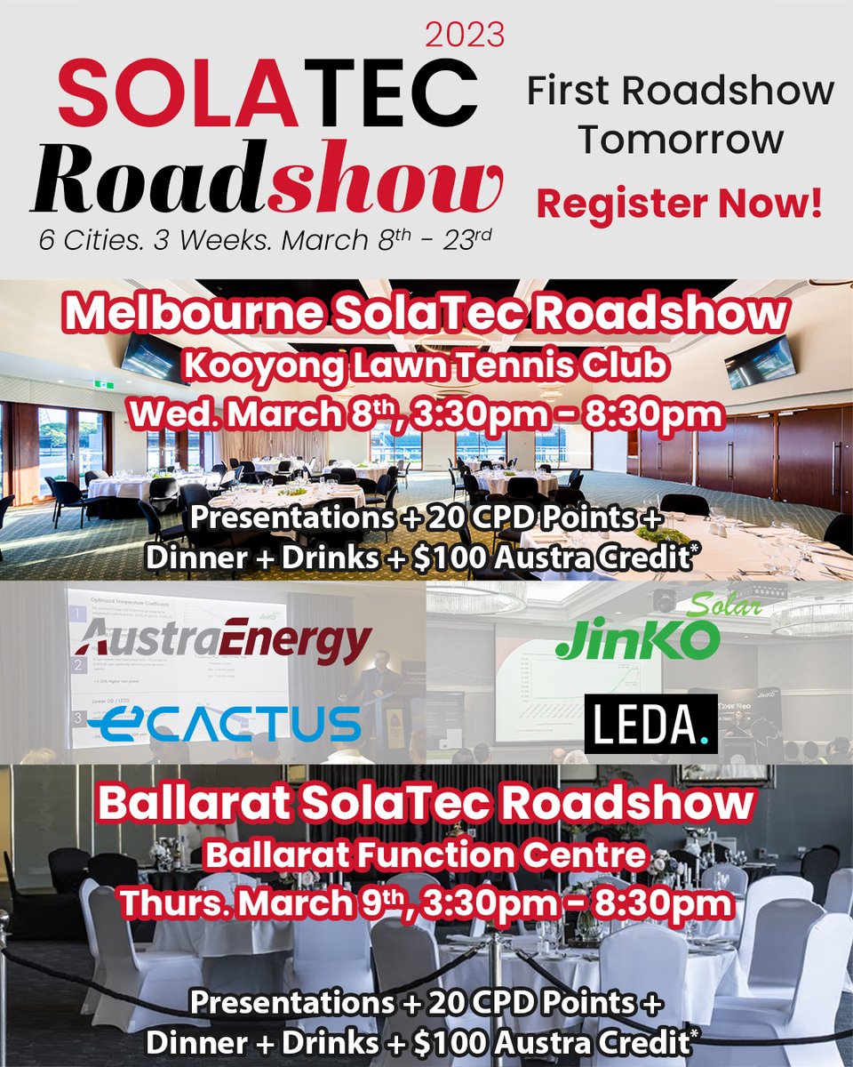 Our SolaTec Roadshow starts tomorrow, and we're kicking it off with our Melbourne and Ballarat events! We'll be at the spectacular Kooyong Lawn Tennis Club this Wednesday (8/03) and at Ballarat on Thursday (9/03). 
Register for the events at austraenergy.com.au/solatecroadsho…