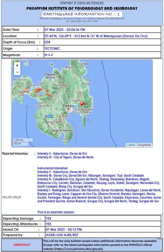 1_davao's tweet photo. #MARAGUSAN , DdO 
LINOG ALERT 
Magnitude = 6.2
Location = Maragusan, Davao De Oro
 
Reported Intensities:
Intensity 5 - Nabunturan, DdO
Intensity 4 - Tagum City
Intensity - Davao City 

📸 Phivolcs 
#LinogAlert 
#EarthquakePH 
#iFelt_DavaoDeOroEarthquake 
#1Davao #OneDavao https://t.co/mmu0eZhj2U