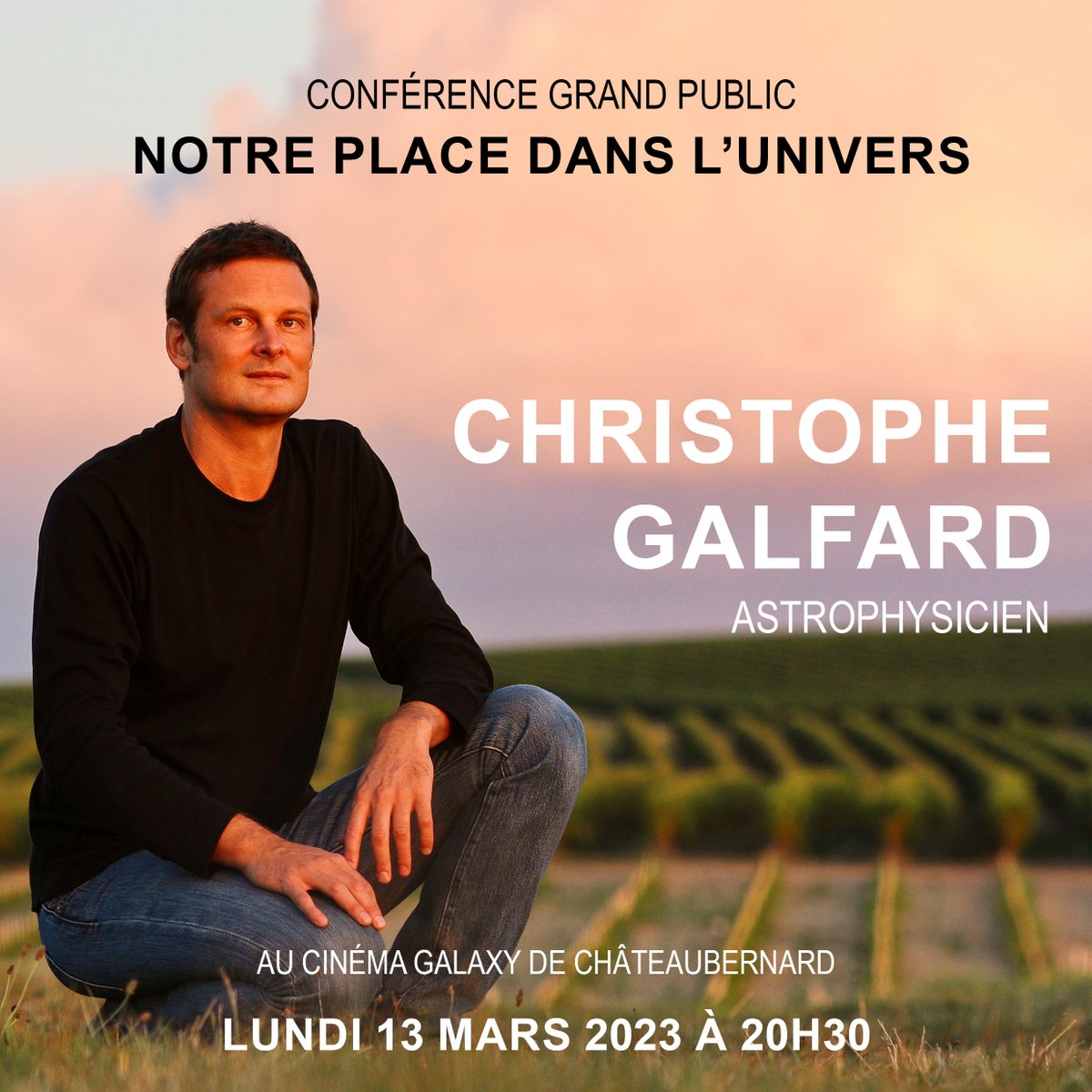 La dernière séance était plus que complète alors on recommence à #Cognac avec une conférence grand public, un voyage à travers l'espace et le temps, organisée par @remymartin 💫 C'est lundi 13 mars, au cinéma Galaxy de Châteaubernard.
Infos et résas: my.weezevent.com/conference-chr…