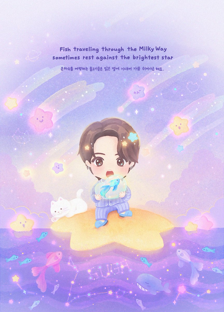 TinyTANofficial's tweet photo. 📖 The Tiny Tale of #SUGA Day

은하수를 여행하는 물고기들은
밝은 별에 기대어 가끔 쉬어가곤 해요.

Fish traveling through the Milky Way
sometimes rest against the brightest star.

#Happy_SUGA_Day #Pisces #TinyTAN https://t.co/UITCWcBgx6