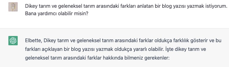 #ChatGTP'den "#DikeyTarım ve Geleneksel Tarım Arasındaki Farklar" ile ilgili bir blog yazmasını istedik.

Okumaya değer bir makale oldu. Hem de SEO uyumlu 🤗

yenidentarim.blogspot.com/2023/03/dikey-…
