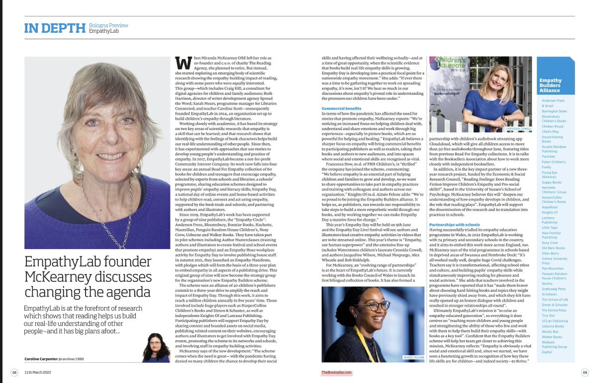 Fascinating interview with the founder of #empathylab  in the Bologna edition of the Bookseller. I'm very proud that my novel, Evolution, was chosen for this year's Reading for Empathy list. #ZunTold #empathyday #worldempathyday #evolutionnovel #zeldaconway