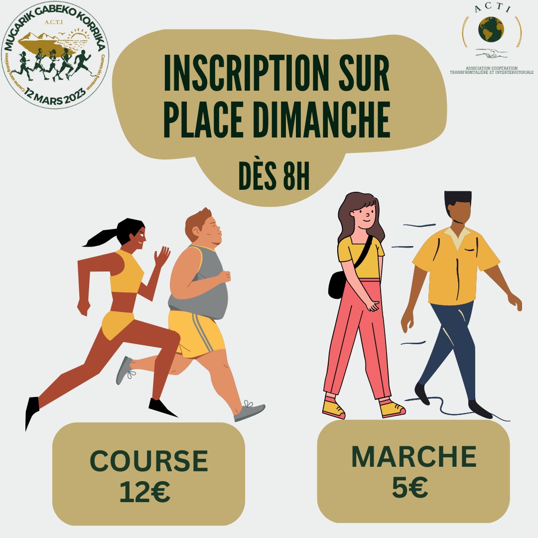 Acti_Asso's tweet photo. 🔴🔴#JOUR_5

Pas de panique, les inscriptions sur place sont possibles avec la Mugarik Gabeko Korrika: dimanche, 12 mars 2023 à partir de 8h. 

🏃‍♀️Course: 12€ 
🚶Marche: 5€

A très vite😍

@Euroregion_naen
@MediabaskInfo 
@SO_Pau 
@CommunautePB
@tvpi_officiel
@Course_MGK2023 https://t.co/7kaXrztFix
