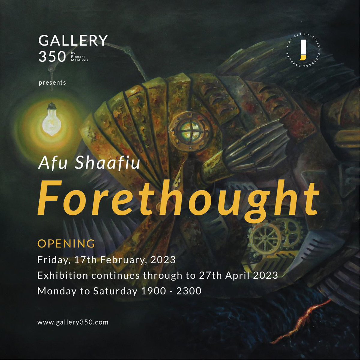 'Forethought' a Solo Exhibition by Afu Shaafiu. Visit Gallery 350 and be inspired 🙂
The exhibition goes on until 27th of April.
Open Saturday - Friday from 7 - 11 pm
Sunday closed.

#gallery350 #soloartexhibition #afushaafiu #forethought